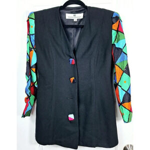 Pierre Balmain Paris Vintage Women Black Blazer Multi Color Geometric Sleeve‎ 10